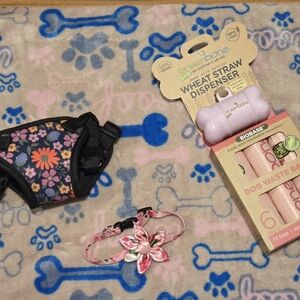 Padded Floral Harness, Floral Collar, Dog Bag Dispenser with Pink Bags